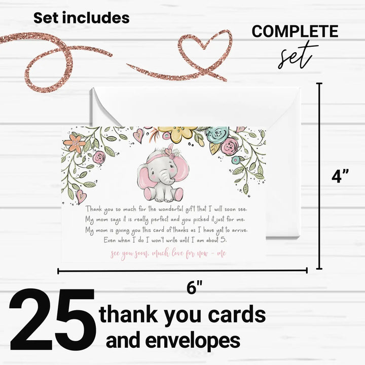 Cottage Elephant Baby Shower Thank You Cards for Girls – Personalized Notecards (Pack of 25)