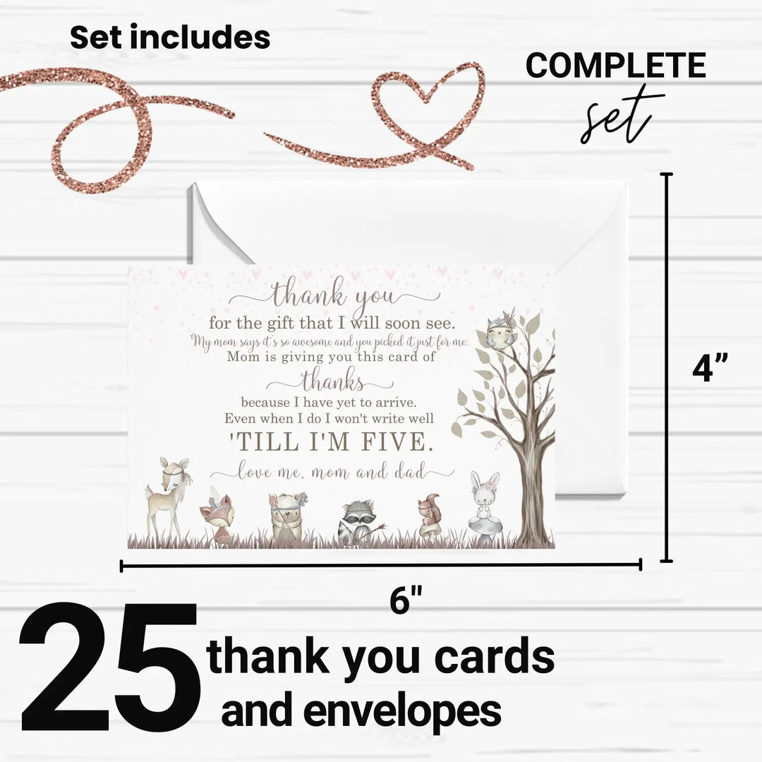 Girls Woodland Baby Shower Thank You Cards – Notecards with Envelopes (Pack of 25)