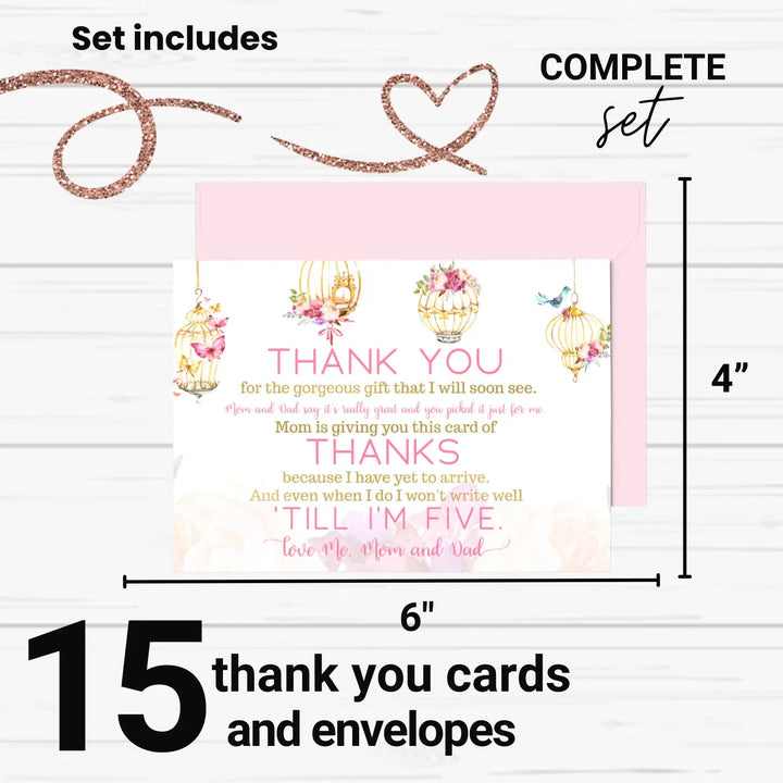 Butterfly and Floral Girls Baby Shower Thank You Cards - 15 Pack with Pink Envelopes, 4x6