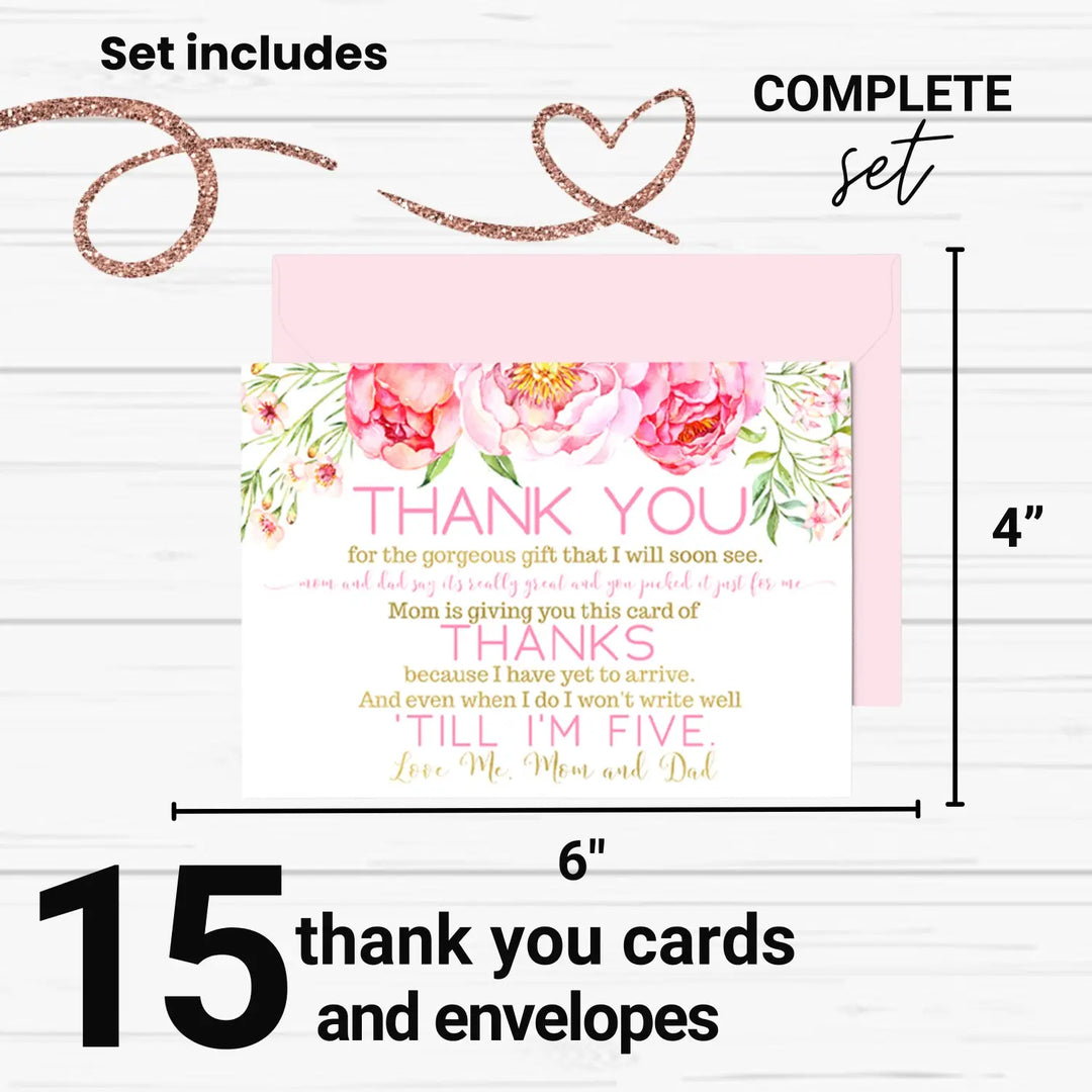 Cottage floral girls baby shower thank you cards - 15 pack charming notecards with pink envelopes 4x6 - office product
