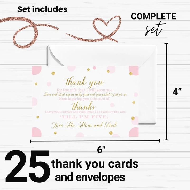 Pink and Gold Thank You Cards for Baby Girl Shower – Personalized Notecards (Pack of 25)