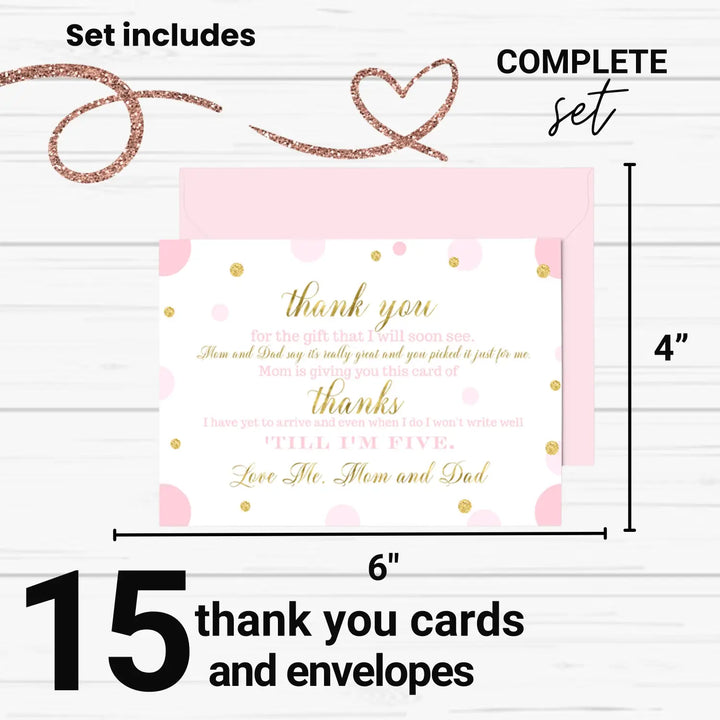 Pink and Gold Girls Baby Shower Thank You Cards - 15 Pack Luxurious Notecards, 4x6