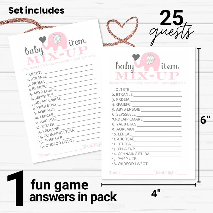 Pink Elephant Baby Shower Word Scramble Game - 25 Pack, Cute Guest Party Game Ideas, Unique Favors and Unscramble Activity