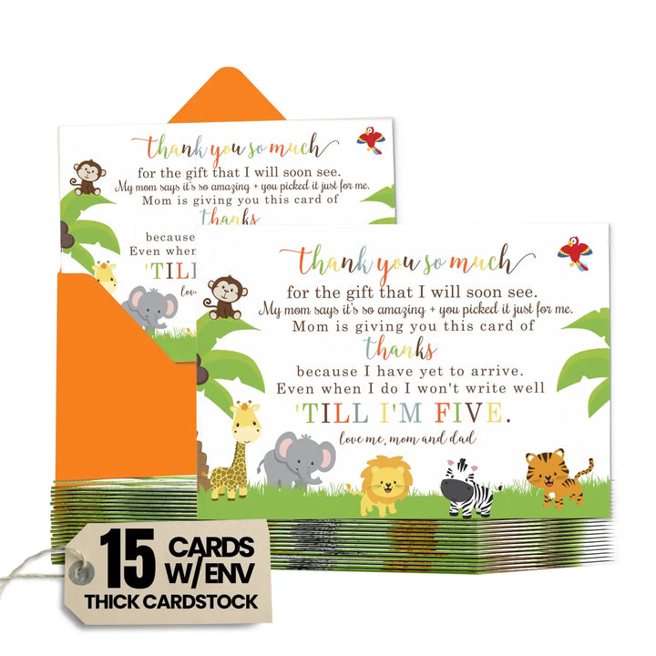 Cute Jungle Baby Shower Thank You Cards - Unisex (15 Pack) with Orange Envelopes, 4x6