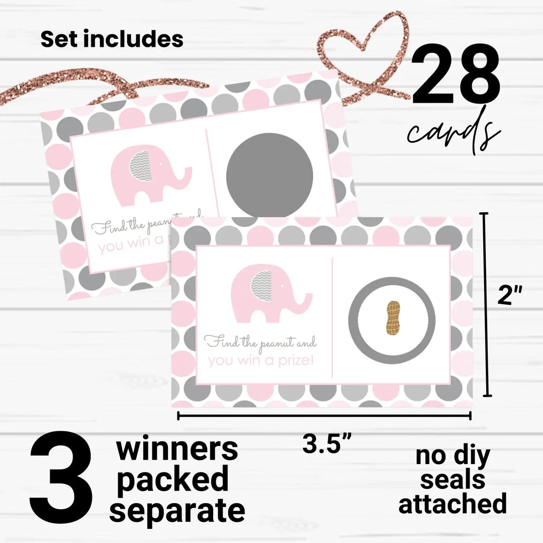 Elephant Baby Shower Games for Girls - 30 Cards - Fun Scratch Off Game Guest Activities Reveal to Win Prizes, Cute Pink Jungle Favors Theme