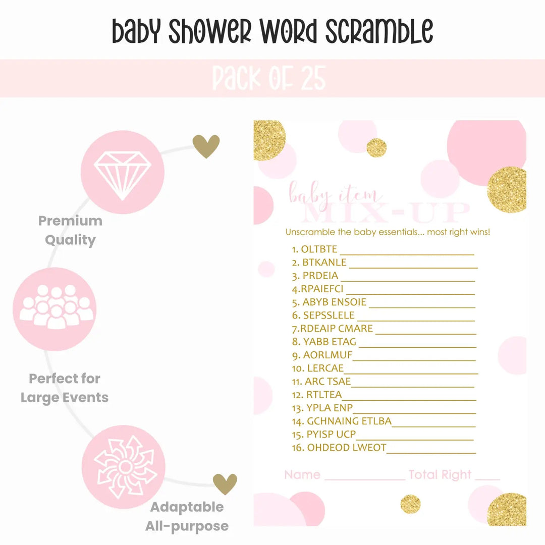 Rose Gold Baby Shower Games for Girls - 25 Cards, Fun Word Scramble Activities for Guests, Twinkle Little Star Themes