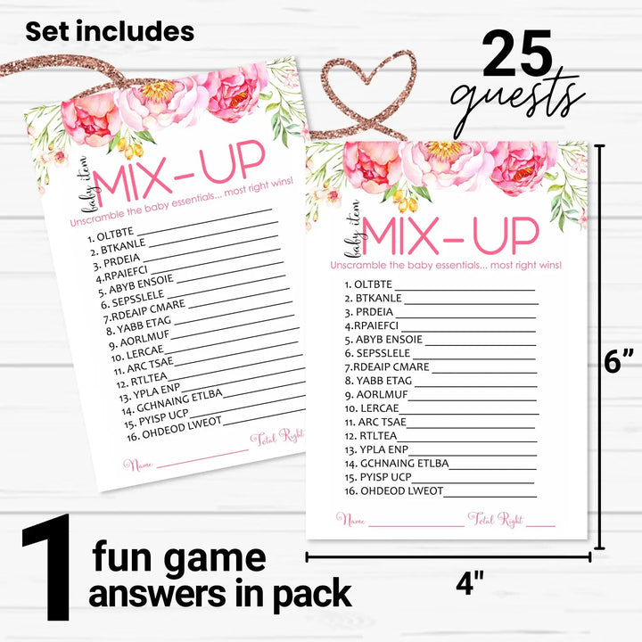 Floral baby shower word scramble game - 25 pack rustic prize games cute party ideas unique pink favors