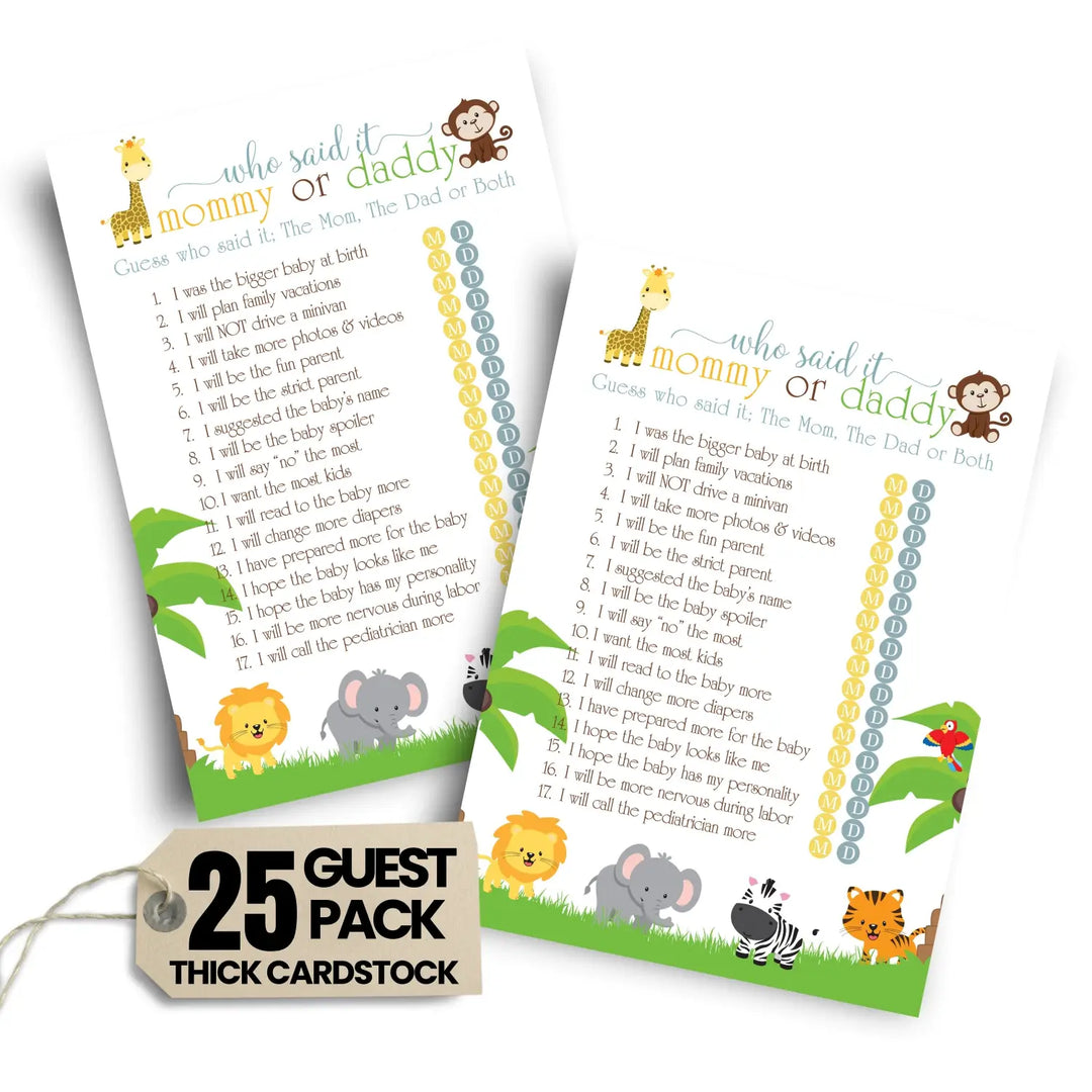 Cute Jungle Baby Shower Game Mommy or Daddy - 25 Pack Guess Who Activity Cards, Wild Safari Themed for Boys and Girls, Printed 5x7 Set