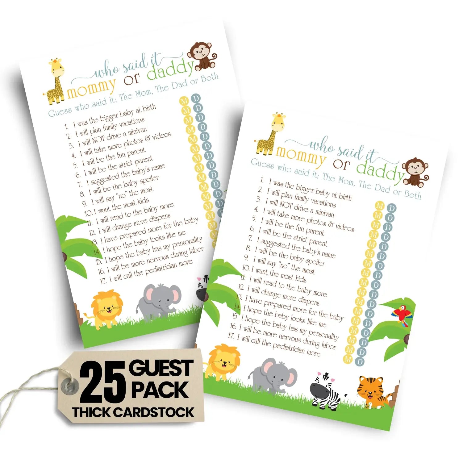 Cute jungle baby shower game mommy or daddy - 25 pack guess who activity cards wild safari themed for boys and girls