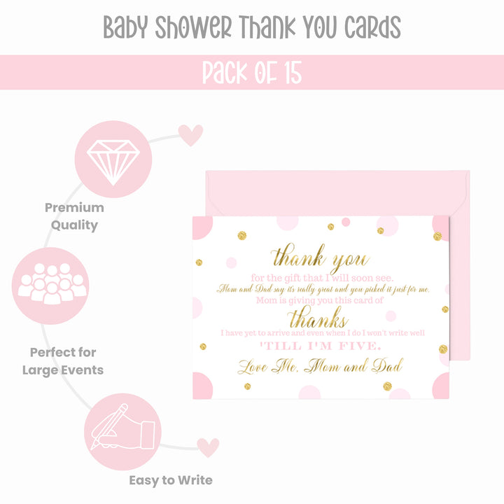 Pink and Gold Girls Baby Shower Thank You Cards - 15 Pack Luxurious Notecards, 4x6 - Paper Clever Party