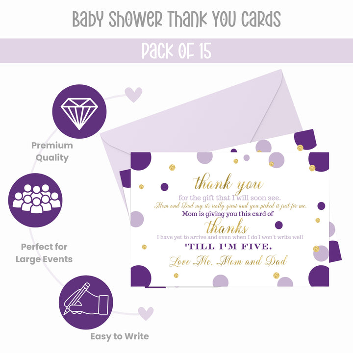 Purple and Gold Girls Baby Shower Thank You Cards - 15 Pack Elegant Notecards, 4x6 - Paper Clever Party