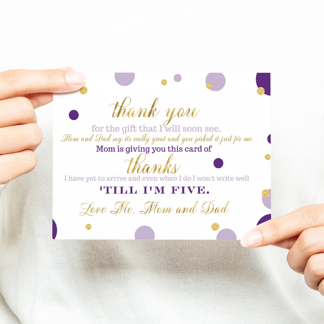 Purple and Gold Girls Baby Shower Thank You Cards - 15 Pack Elegant Notecards, 4x6 - Paper Clever Party