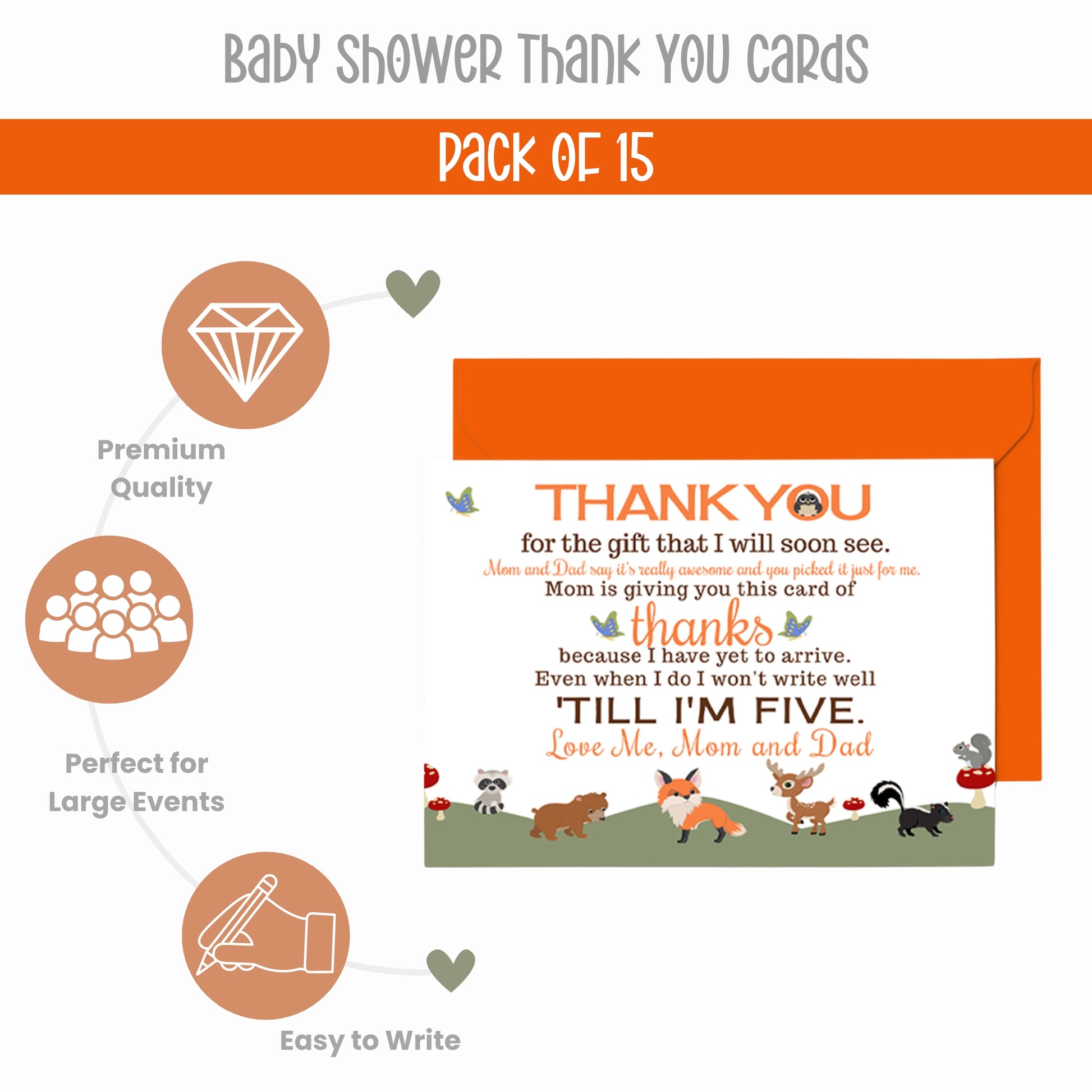 Gender Neutral Woodland Baby Shower Thank You Cards - 15 Pack Notecards with Orange Envelopes, 4x6 - Paper Clever Party