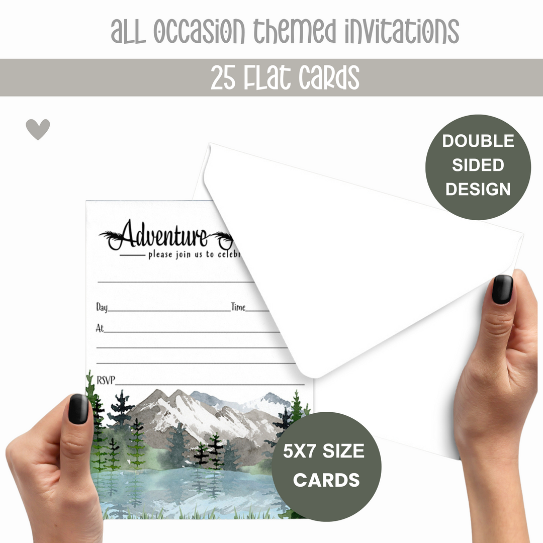 Adventure Awaits Party Invitations with Envelopes, 25 Pack, Rustic Mountain, 5x7 Blank Cards for All Occasions - Paper Clever Party