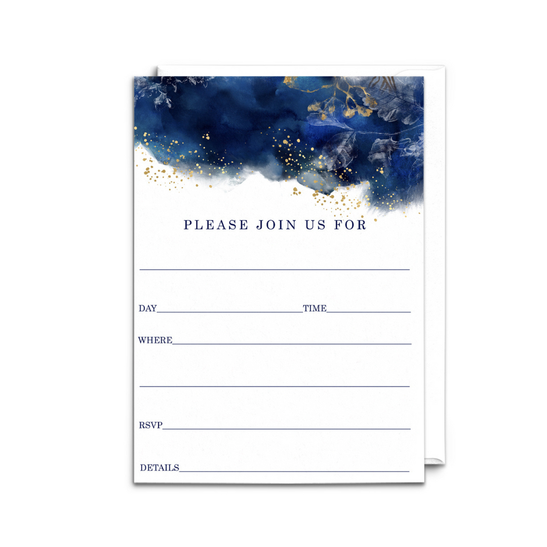 Blue and Gold Watercolor Floral Invitations with Envelopes, 25 Pack, 5x7 Blank Cards for All Occasions - Paper Clever Party