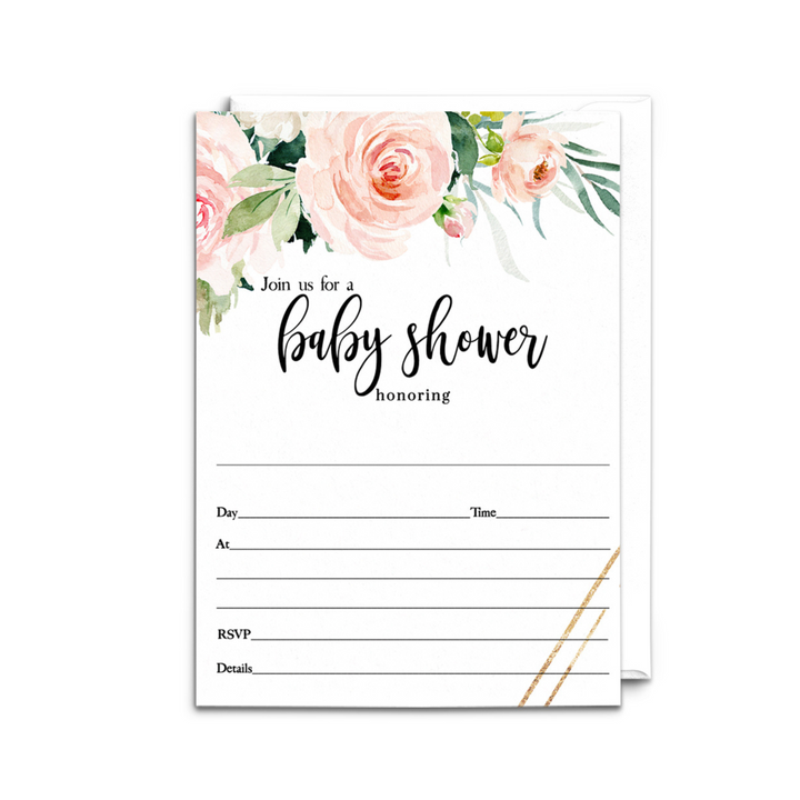 Graceful Floral Baby Shower Invitations Girls, Blank Rustic Invites with Envelopes, DIY 5x7 Cards Blush and Greenery, 25 Pack - Paper Clever Party