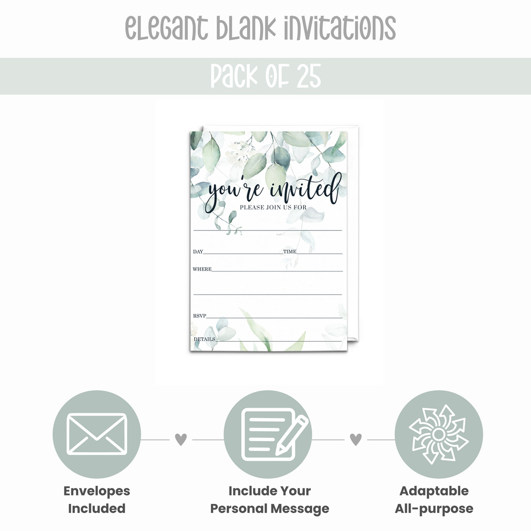 Greenery Bridal Shower Invitations with Envelopes, 25 Pack, Rustic Eucalyptus, 5x7 Blank Cards for All Occasions - Paper Clever Party