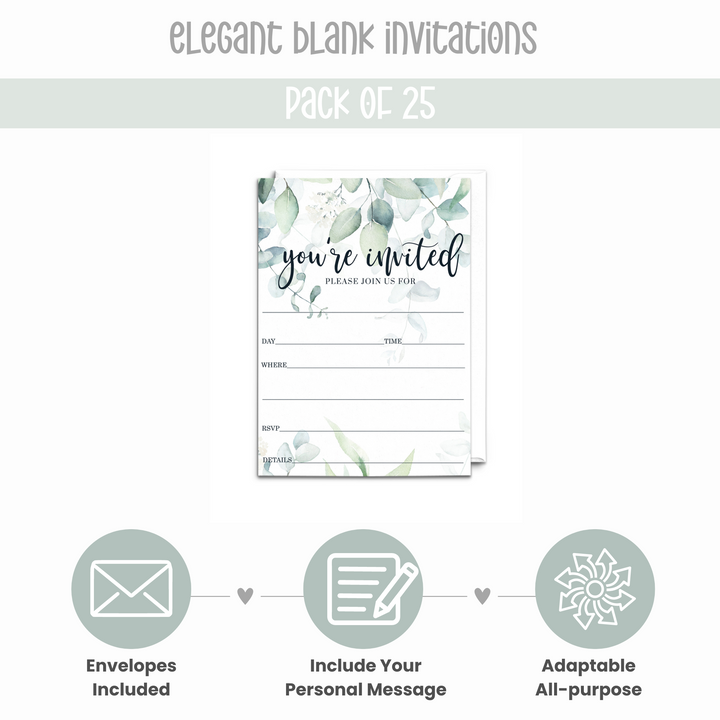 Greenery Bridal Shower Invitations with Envelopes, 25 Pack, Rustic Eucalyptus, 5x7 Blank Cards for All Occasions - Paper Clever Party