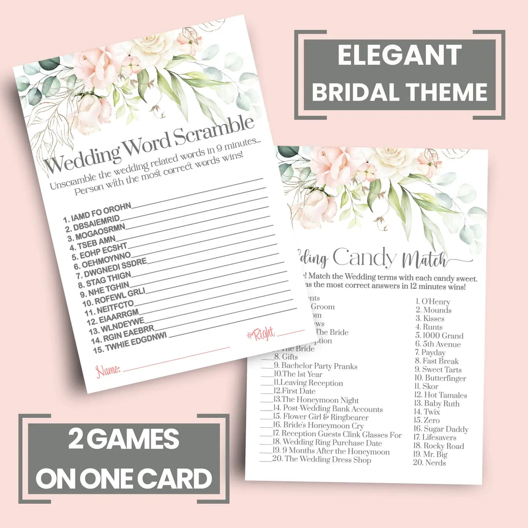 Blush Blooms Bridal Shower Games (25 Each) Wedding Word Scramble and Guess the Candies Fun Activity for Engagement Party, Rehearsal Dinner, Love Pink and Gold Design Double-Sided Cards, Bundle