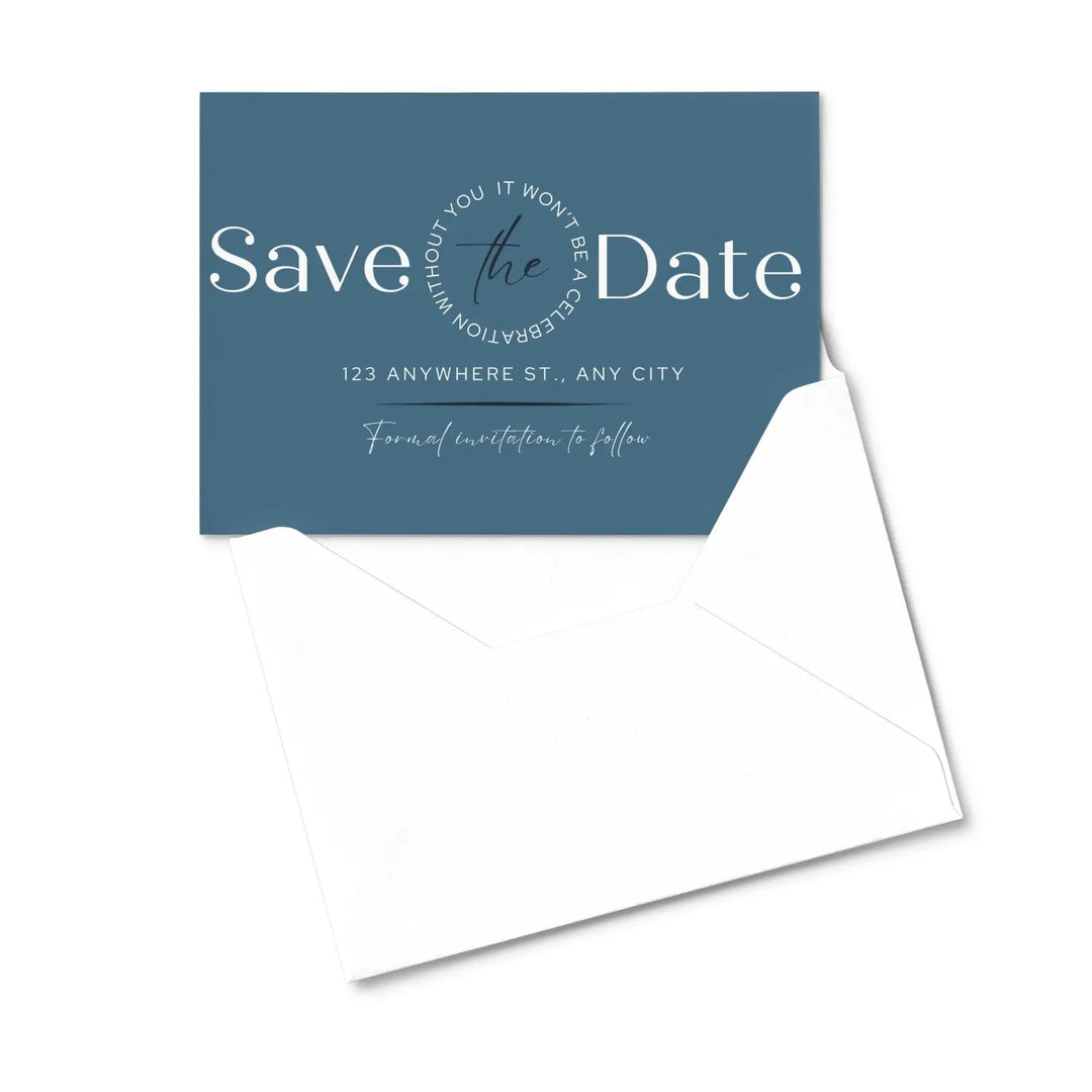 Custom dusty blue cream and black save the date cards - personalized 4x6 inch invitations with elegant typography white