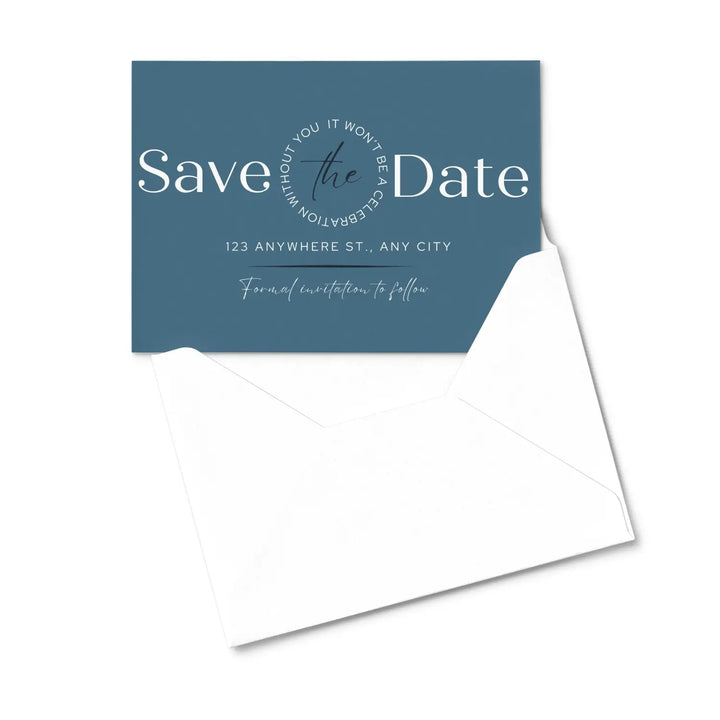 Custom dusty blue cream and black save the date cards - personalized 4x6 inch invitations with elegant typography white