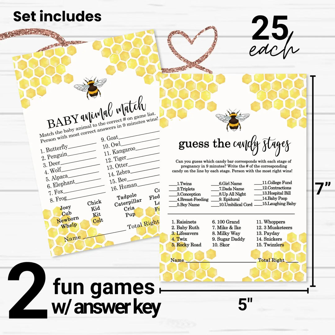 Mama Bee Baby Shower Game Set with Animal Match and Candy Bar Guessing, Yellow & Black, 5x7 Cards (25 ct)