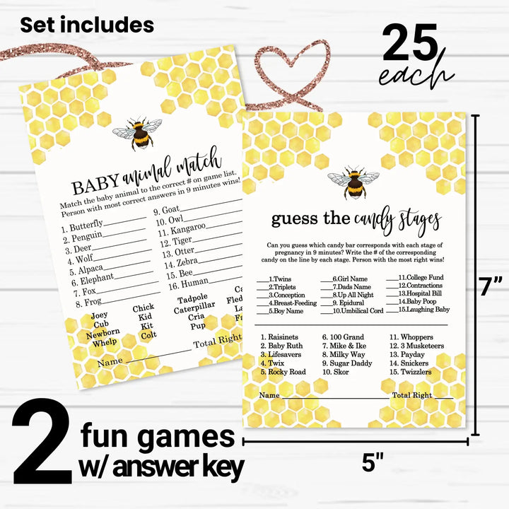 Mama Bee Baby Shower Game Set with Animal Match and Candy Bar Guessing, Yellow & Black, 5x7 Cards (25 ct)