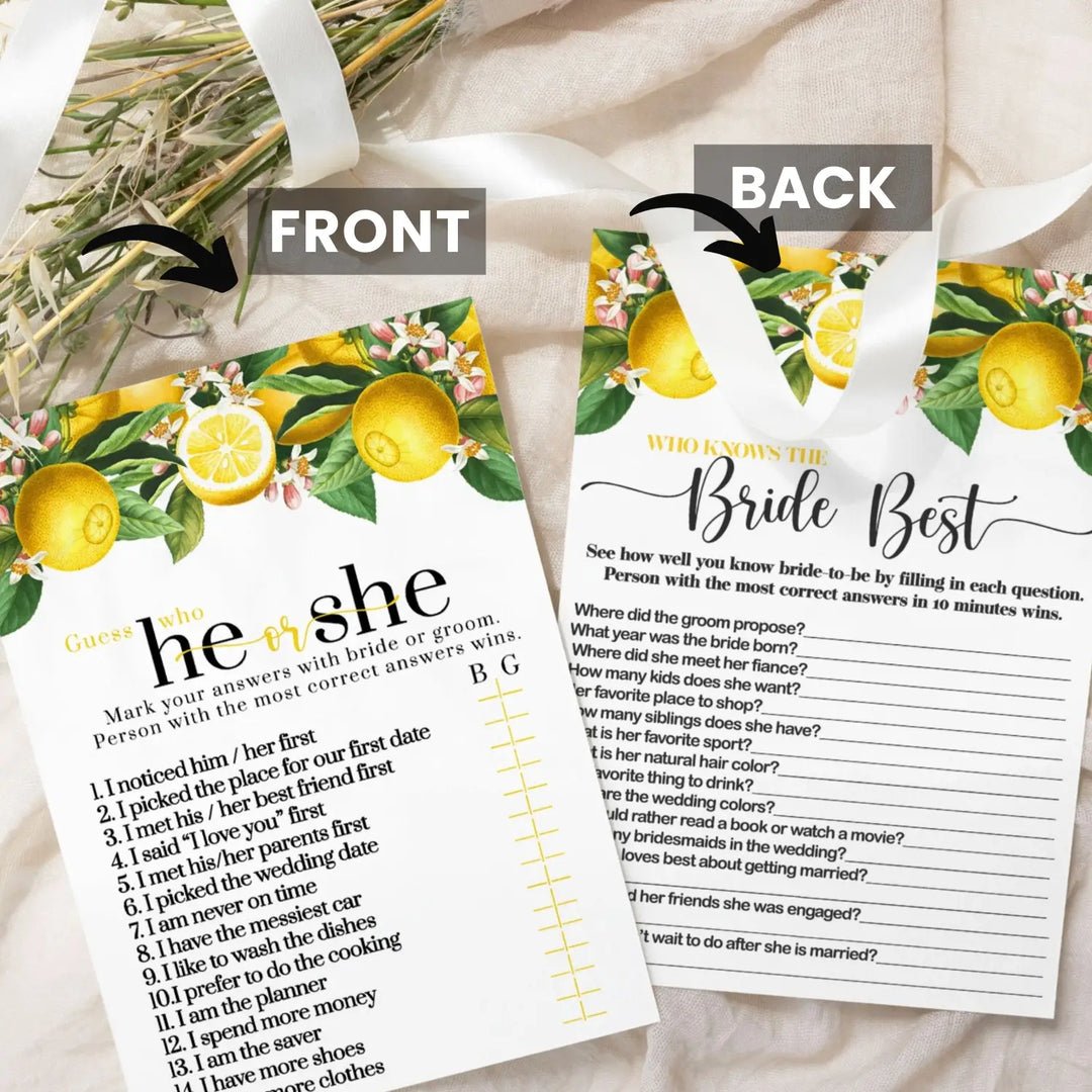 Lemon Bridal Shower Games – Bundle Includes He Said or She Said & Who Knows the Bride Best Wedding Shower Game - Ideas for Engagement Party, Rehearsal Dinner, Main Squeeze Design, 25 Double-Sided Card