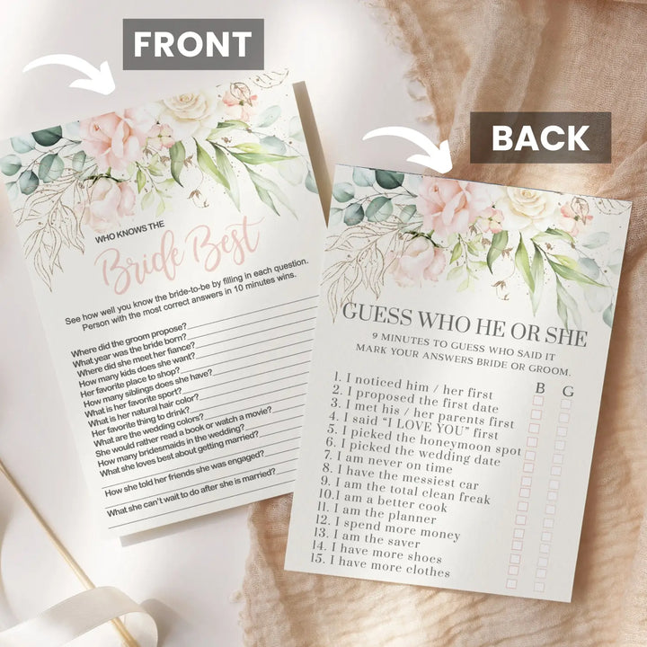 Blush Bloom Bridal Shower Games – He Said or She Said & Who Knows the Bride Best Bridal Shower Game - Wedding, Engagement Party, Rehearsal Dinner, Pink Gold Floral Design, 25 Double-Sided Card Bundle