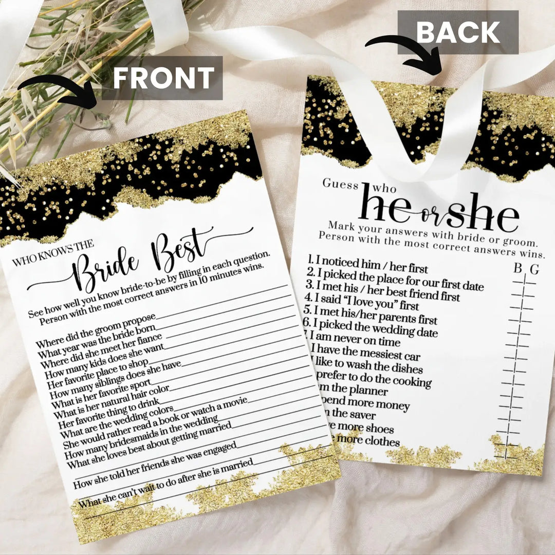 Black and Gold Bridal Shower Games - He Said or She Said & Who Knows the Bride Best Wedding Shower Game - Ideas for Engagement Party, Rehearsal Dinner, Boho Floral Design, 25 Double-Sided Card Bundle