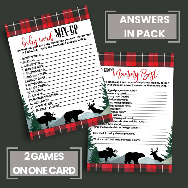 Lumberjack Baby Shower Game Set, Mommy Best and Word Scramble, Rustic Red & Black