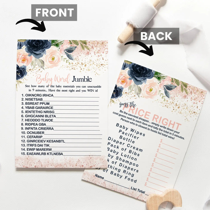 Blue Floral Baby Shower Games, 25 Each - Is the Price Right and Baby Shower Word Scramble Baby Games for Baby Shower, Rustic Decor and Favors, Baby Shower Game Planning Ideas, Double-Sided Designs