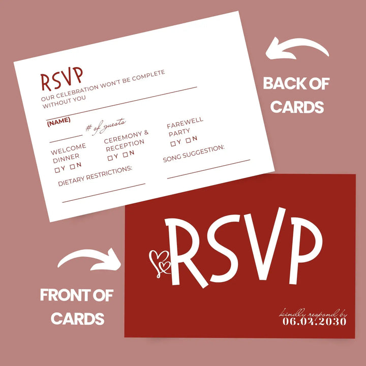 Custom Retro Red RSVP Cards with Elegant White Calligraphy - Premium Card Stock, 4x6 Inch Size