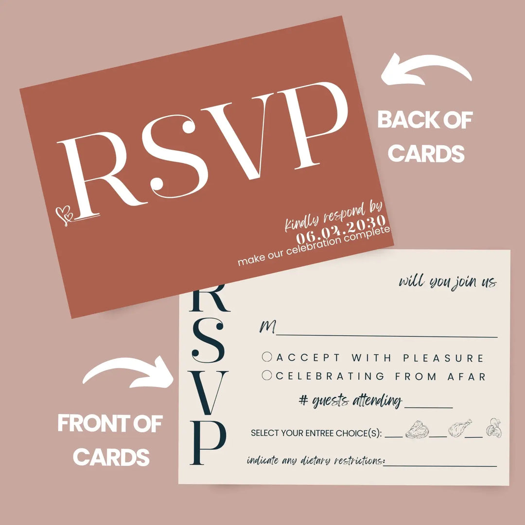 Custom Tuscan Sunset RSVP Cards - Cream and Black, Premium 120lb Cardstock, Elegant Calligraphy, 4x6 Inch Size, Personalized Dates & Names, Includes Food Choices