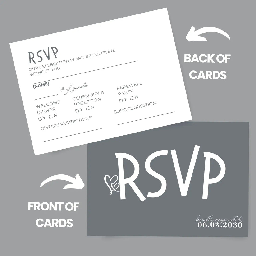 Custom Minimalist White RSVP Cards with Elegant Slate Grey Calligraphy - Premium Card Stock, 4x6 Inch Size