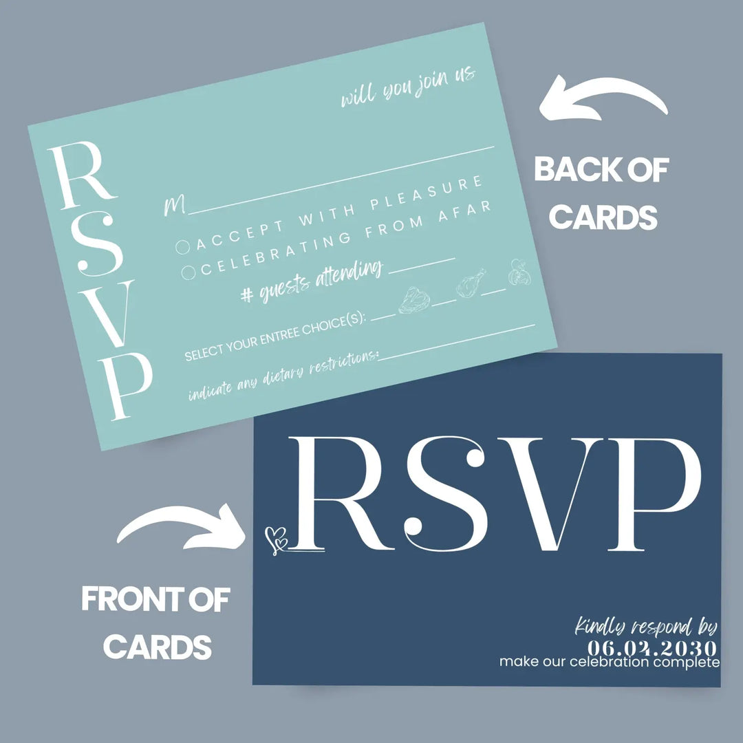 Custom RSVP Cards for Wedding Invitations - Navy Blue and Sea Glass - Response Insert Cards with Food Choice