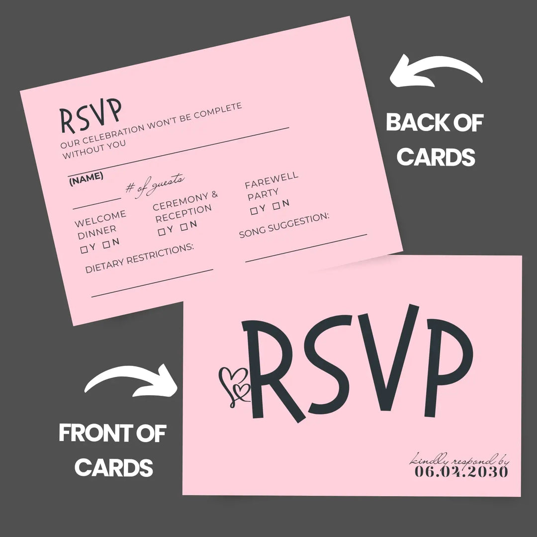 Custom Pink RSVP Cards with Elegant Black Calligraphy - Premium Card Stock, 4x6 Inch Size