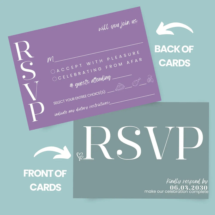 Custom Purple and Sage RSVP Cards - Premium 120lb Cardstock, Elegant Calligraphy, 4x6 Inch Size, Personalized Dates & Names