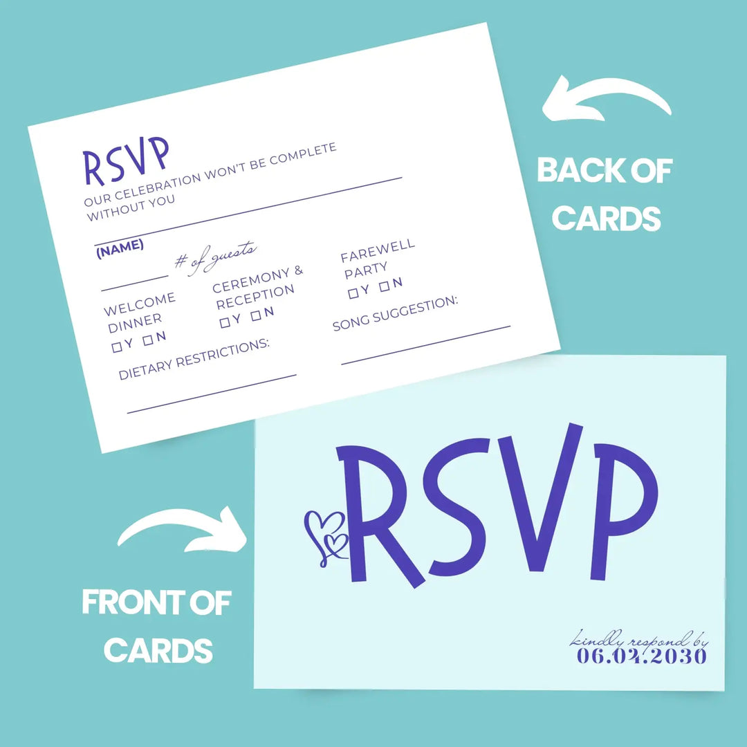 Custom Minty Aqua, Purple, and White RSVP Cards with Elegant Calligraphy - Premium Card Stock, 4x6 Inch Size