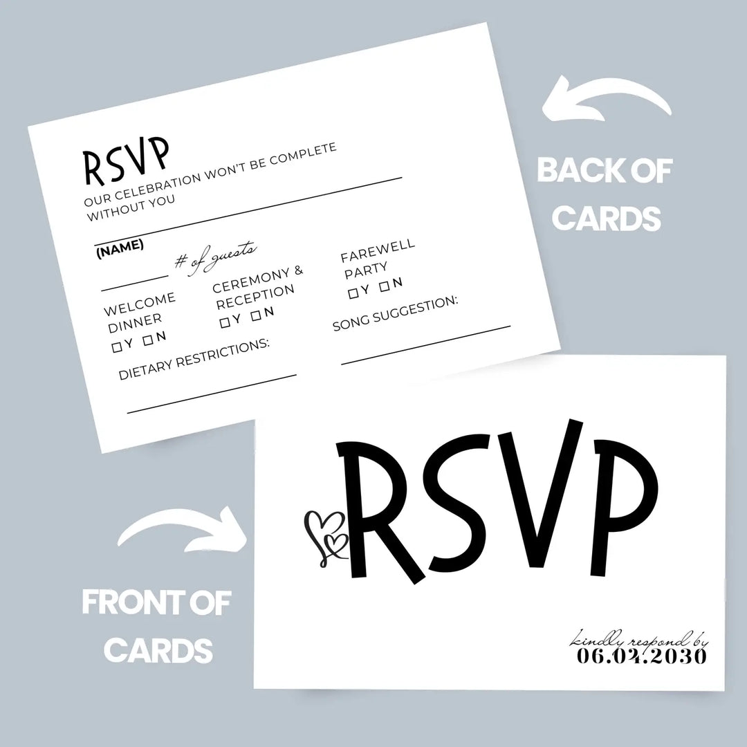 Custom Black and White RSVP Cards - Premium 120lb Cardstock, Elegant Calligraphy, 4x6 Inch Size, Personalized Dates & Names, Includes Event Details