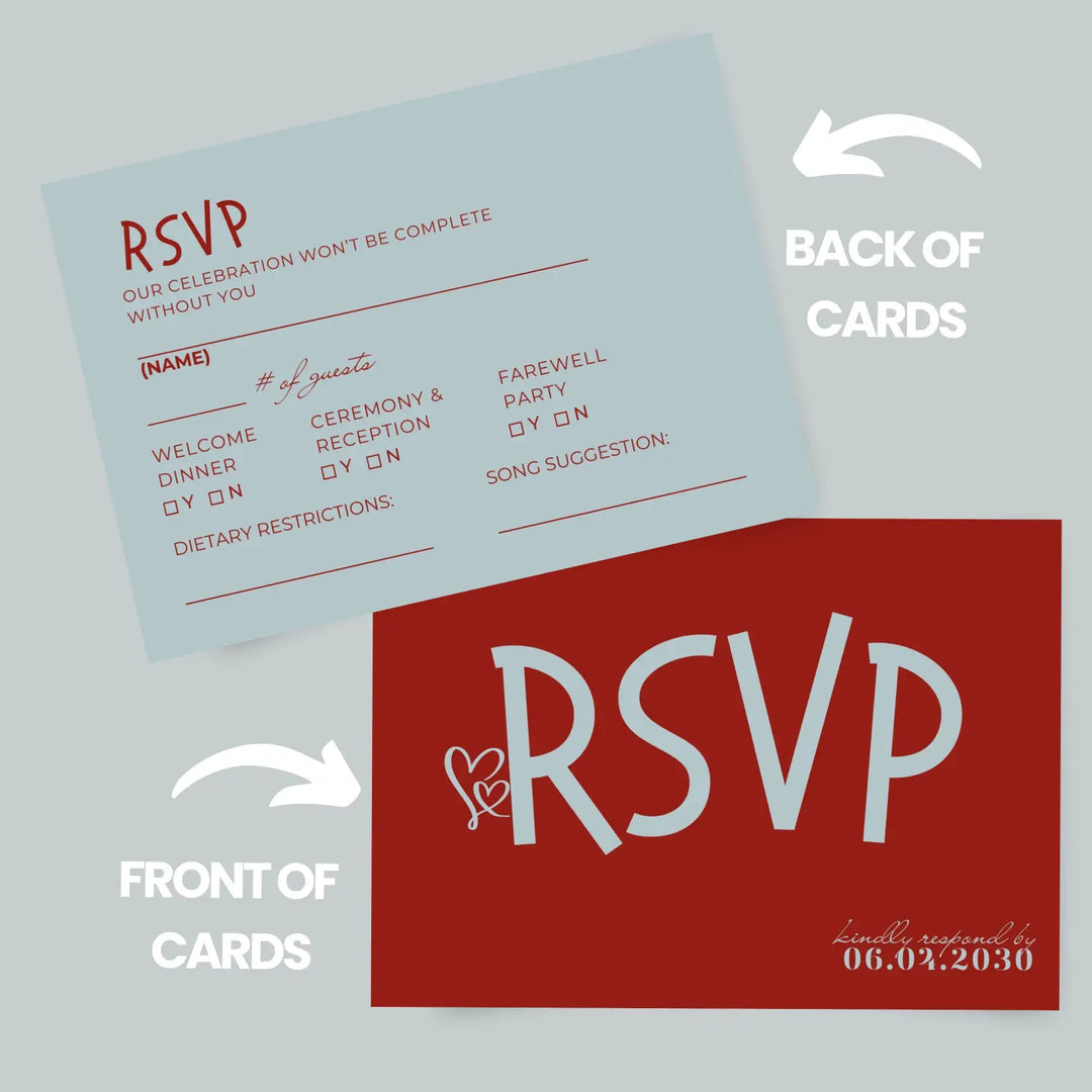 Retro Blue and Red RSVP Cards with Elegant Calligraphy - Premium Card Stock, 4x6 Inch