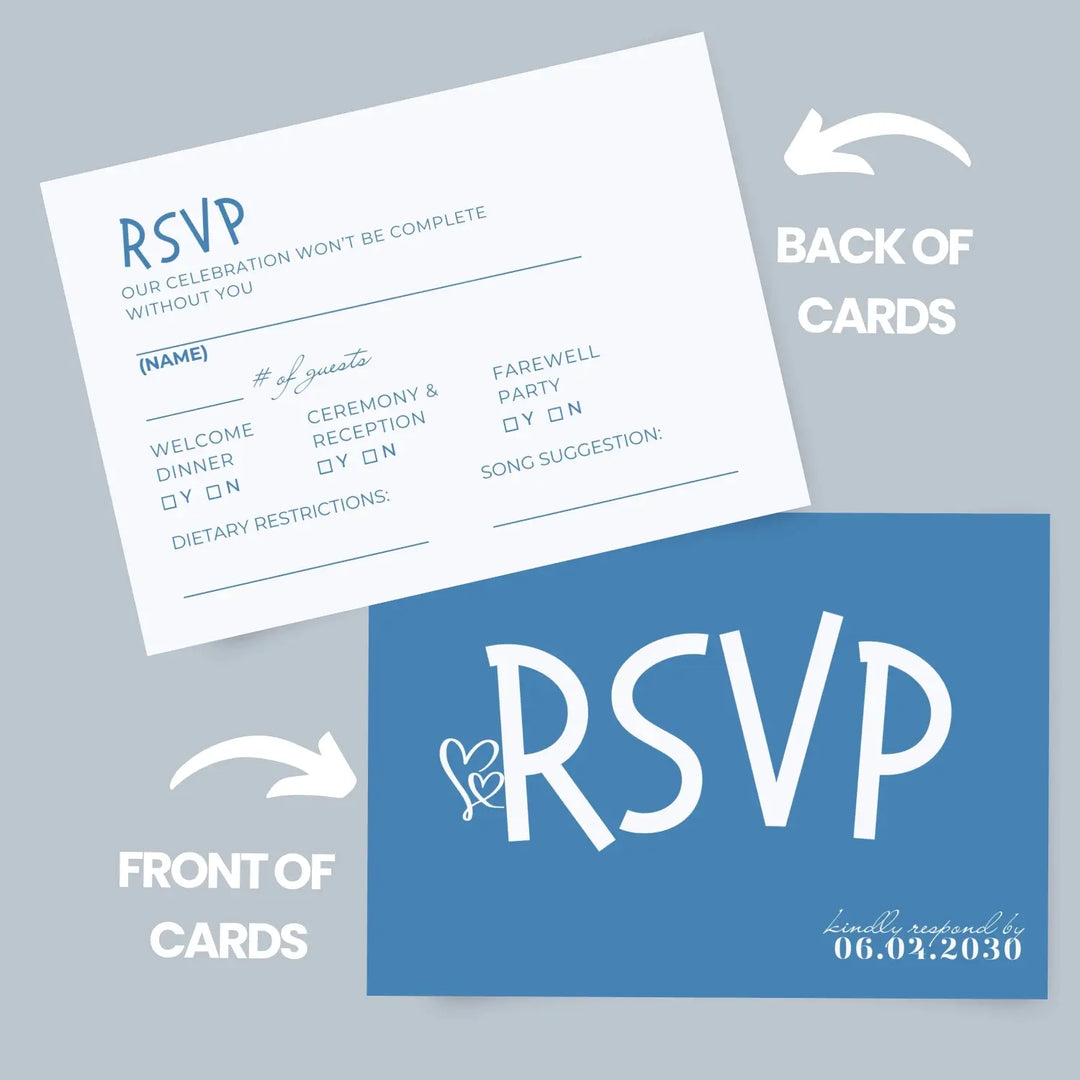 Custom Denim Blue RSVP Cards with Elegant White Calligraphy - Premium Card Stock, 4x6 Inch Size