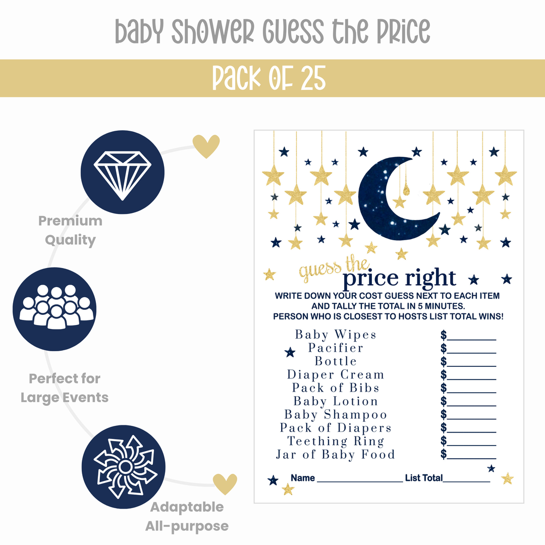 Navy & Gold Twinkle Little Star Baby Shower Game Set, Over or Under and Guess the Price Right - Paper Clever Party