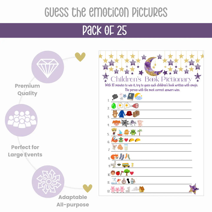 Purple & Gold Twinkle Little Star Baby Shower Game Set with Word Scramble and Emoticon Guessing