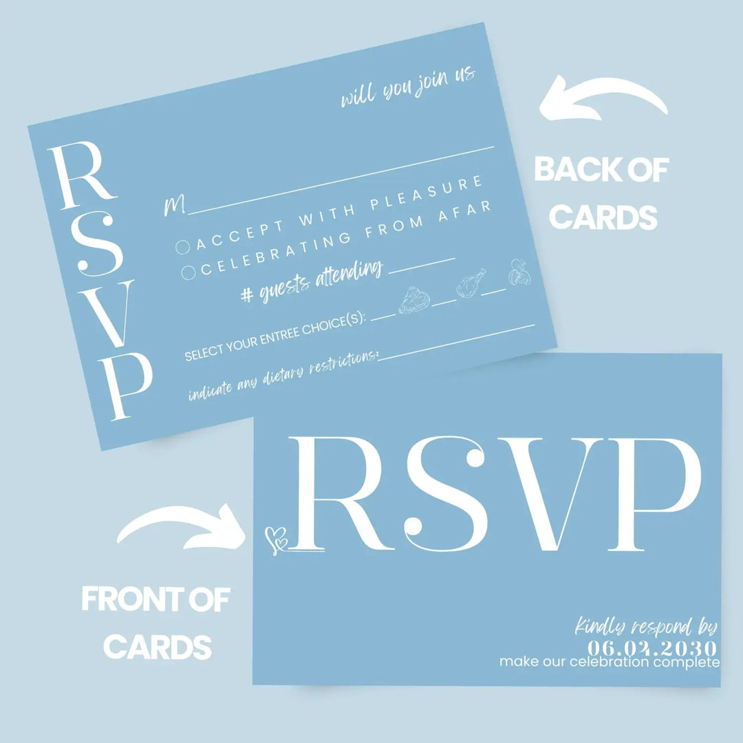 Custom Sky Blue RSVP Cards - Premium 120lb Cardstock, Elegant Calligraphy, 4x6 Inch Size, Personalized Dates & Names, Includes Food Choices