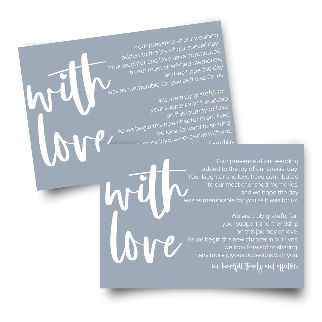 Wedding thank you place setting cards (25 pack) - elegant dusty blue with white lettering - beautiful 4x6 appreciation
