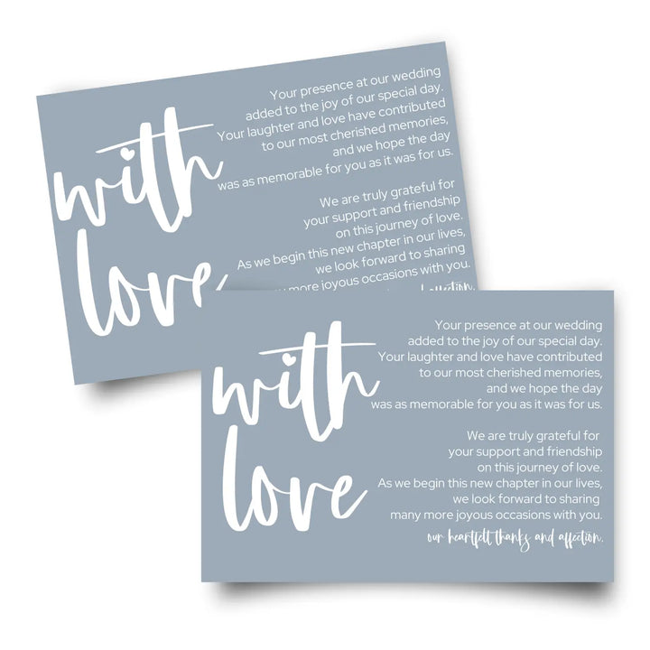 Wedding thank you place setting cards (25 pack) - elegant dusty blue with white lettering - beautiful 4x6 appreciation