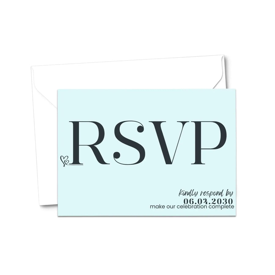 Custom sky blue rsvp cards with elegant black calligraphy - premium card stock 4x6 inch size - invitations