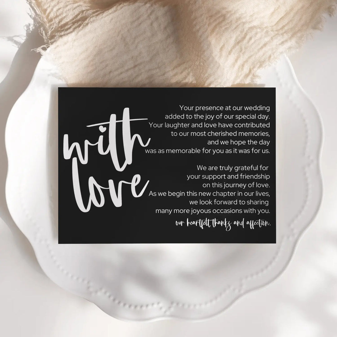 Modern Typography Wedding Thank You Cards for Guests (25 Pack) - Reception Table Favors or Bridal Centerpieces, Love & Gratitude, Elegant Black with White, 4x6 Set