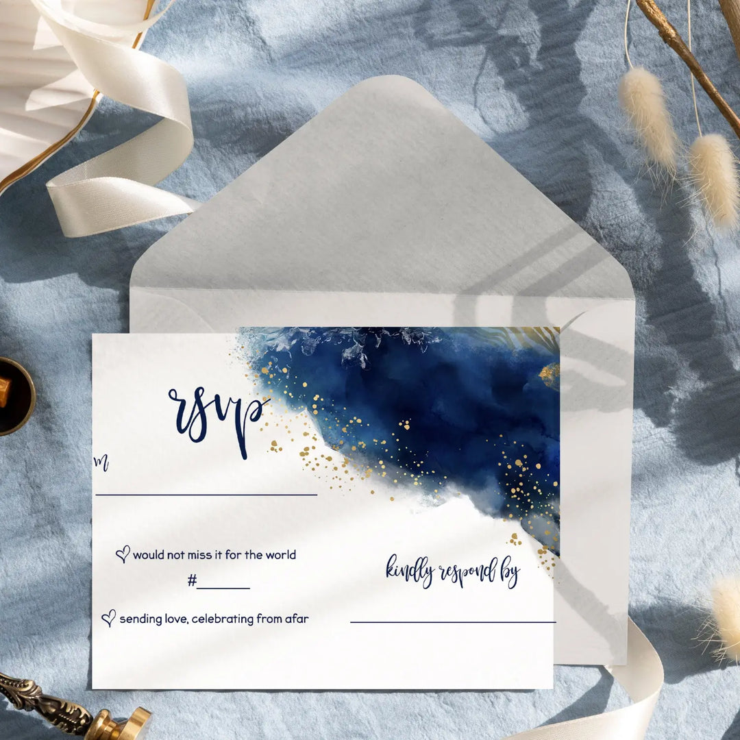 Watercolor Gold Floral Blue RSVP Cards - Elegant Wedding Response Set, 3.5x5, Envelopes Included, 25 Pack